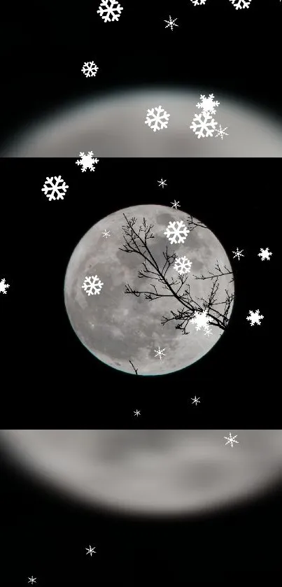 A full moon with snowflakes falling against a dark night sky.