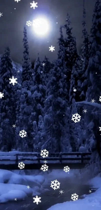 Moonlit snowy forest with falling snowflakes and glowing moon.