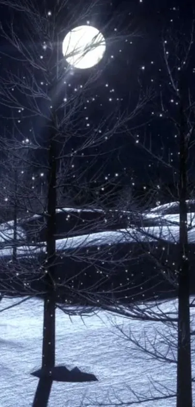 Snowy forest under a full moon with falling snowflakes.