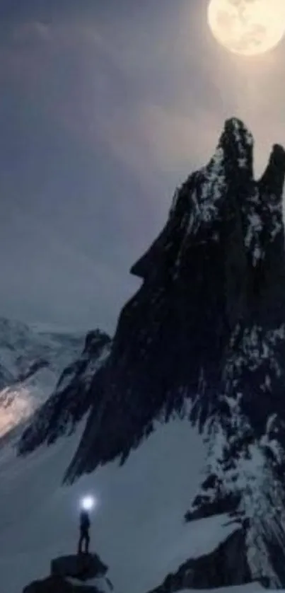 Moonlit snowy mountain with hiker silhouette.