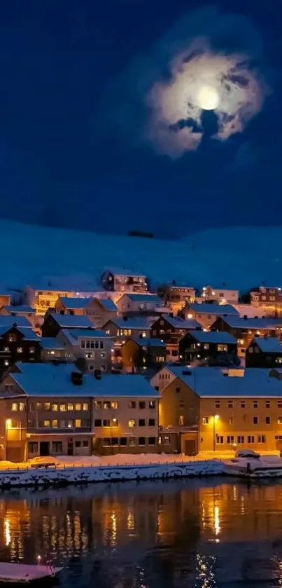 Scenic wallpaper of a moonlit snowy village at night with reflections on water.