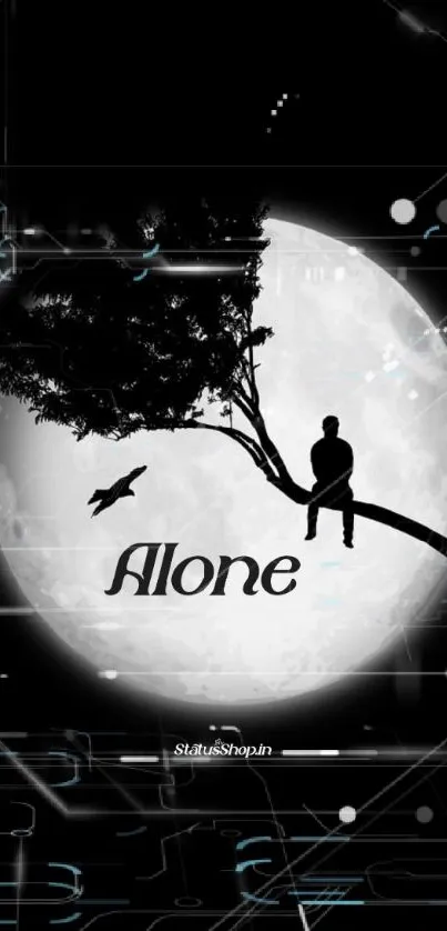 Silhouette of figure sitting under a full moon with the word 'Alone'.