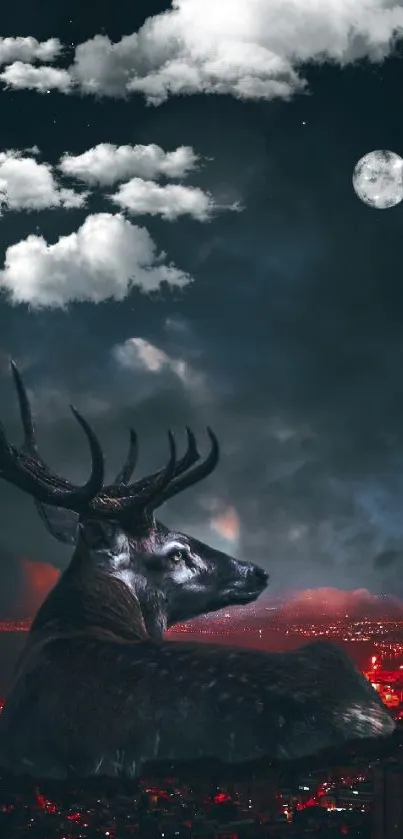 Majestic stag under moonlit sky with city lights glowing red.