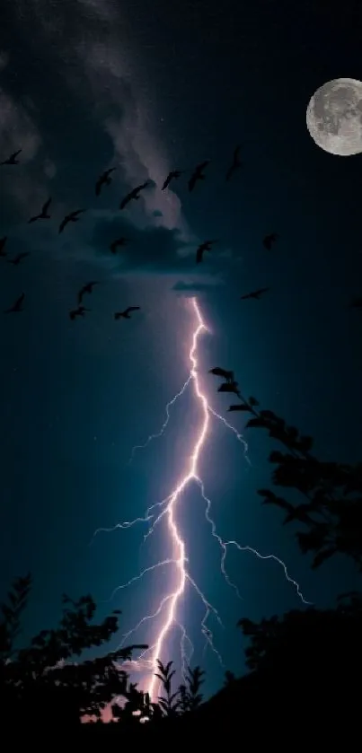 Moonlit stormy night with lightning and birds over dark landscape.