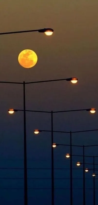 Full moon and streetlights at dusk, dark sky.