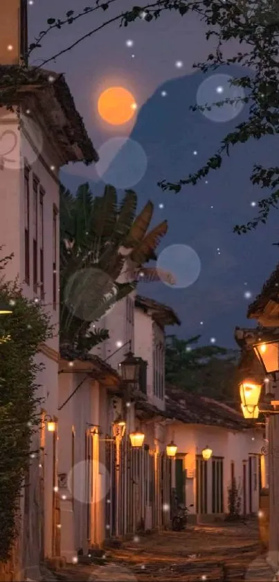 Scenic alley with a moonlit sky and warm street lights at dusk.