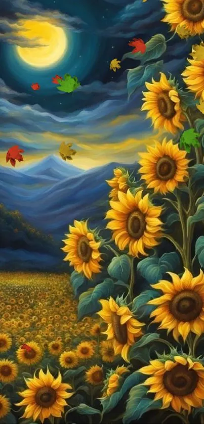 Moonlit landscape with sunflowers and colorful leaves under a vibrant night sky.