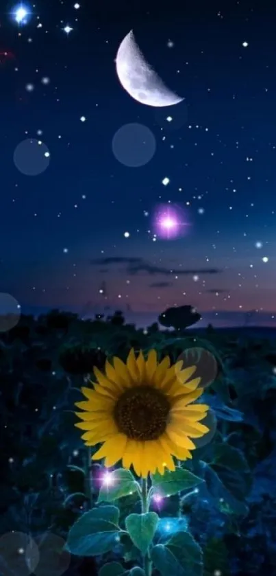 Sunflower under a crescent moon in a starry night sky.