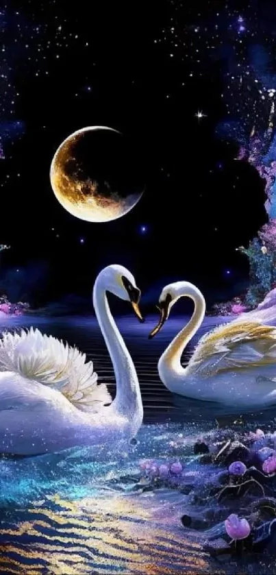 Swans on a moonlit lake surrounded by fantasy scenery.