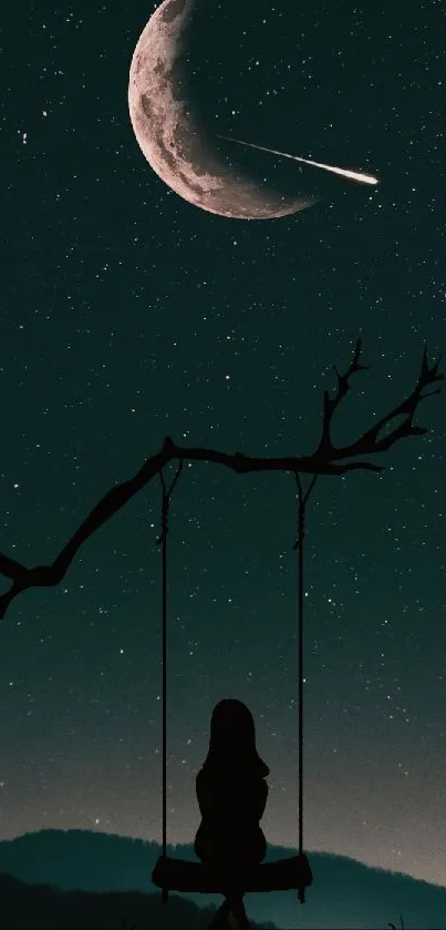 Silhouette of a girl on a swing beneath a crescent moon and shooting star.