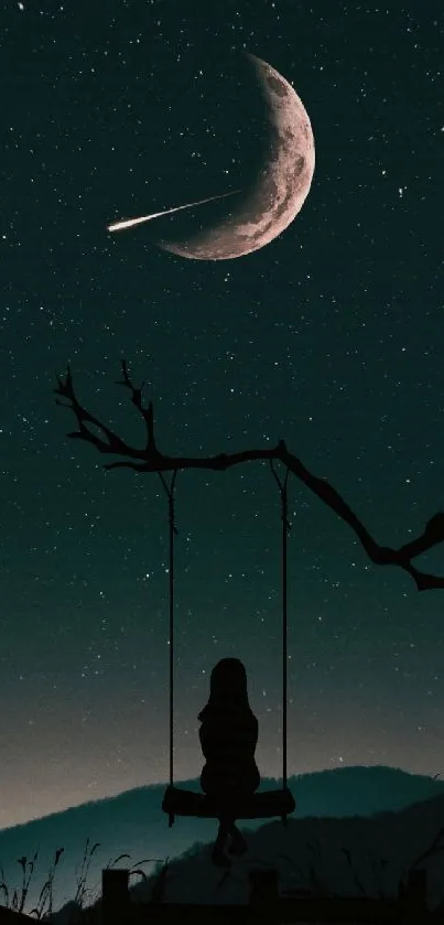 Silhouette of girl on swing under a crescent moon and starry sky.