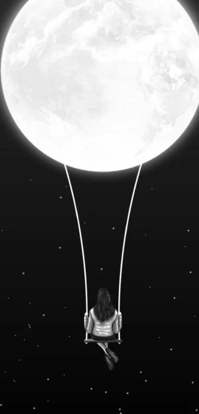 A woman swings under a large full moon in a starry black sky.