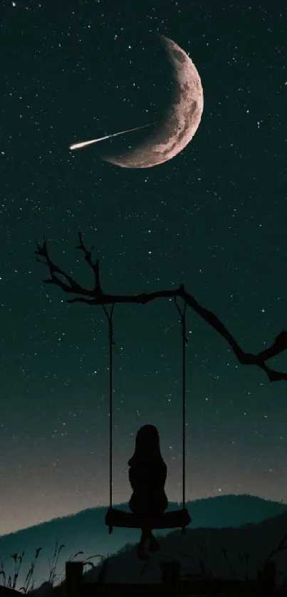 Starry night sky with moon and swing silhouette.