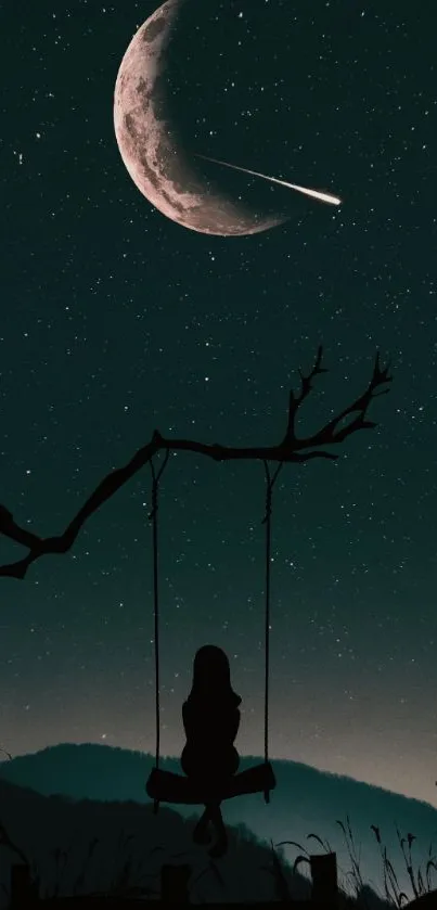 Silhouette on swing under crescent moon in starry night sky.