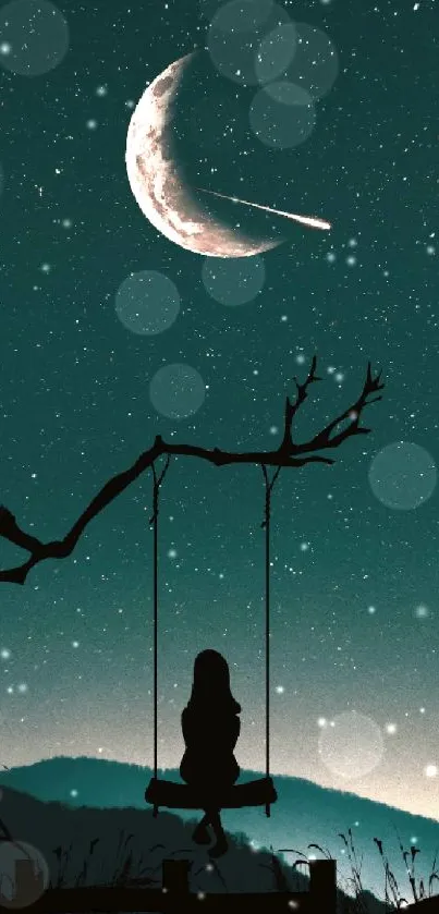 Silhouette on a swing under a starry moonlit sky.