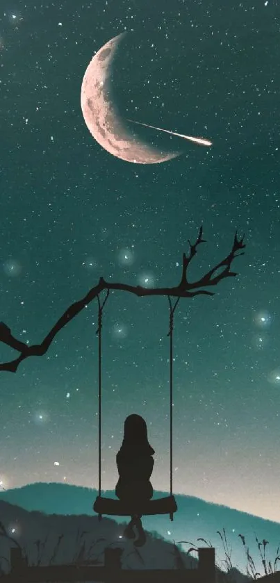 Silhouette on swing under crescent moon with shooting star