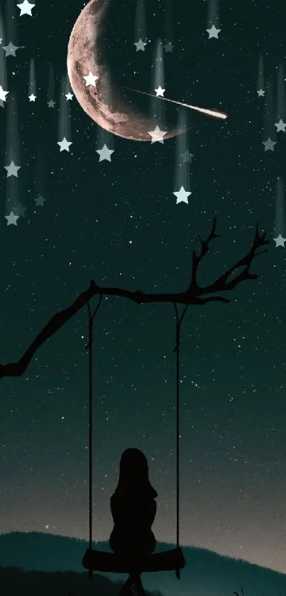 Silhouette on swing under starry night sky with moon.