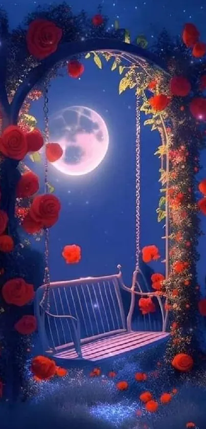 Moonlit swing surrounded by red roses under a starry sky.