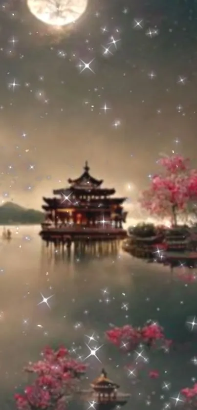 Moonlit temple with blossoms reflecting on calm water under starry sky.