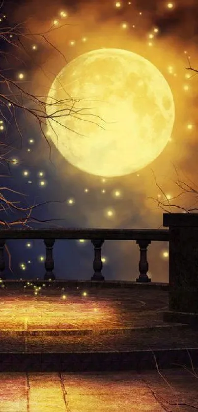 A fantasy scene of a moonlit terrace with glowing trees and magical ambiance.