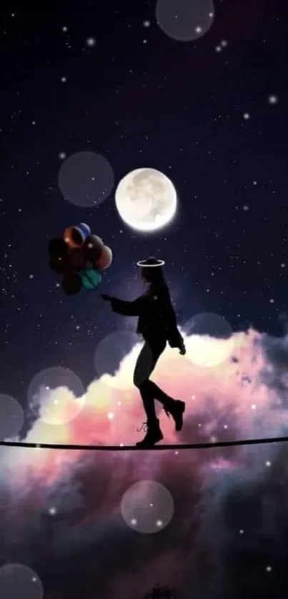 Silhouette of a person walking on a tightrope under a moonlit sky with colorful balloons.