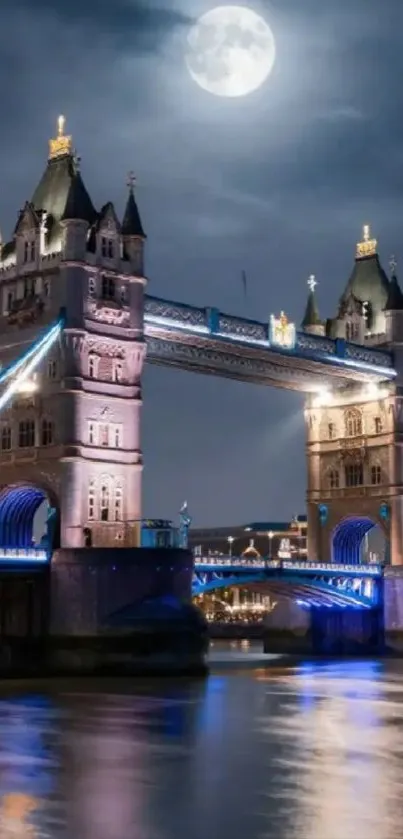 Tower Bridge illuminated at night under a full moon.