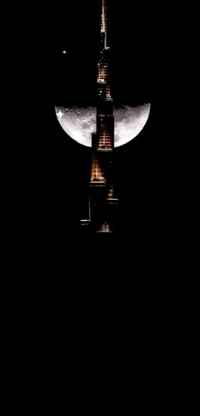 Moonlit city skyline with glowing tower against a black sky.