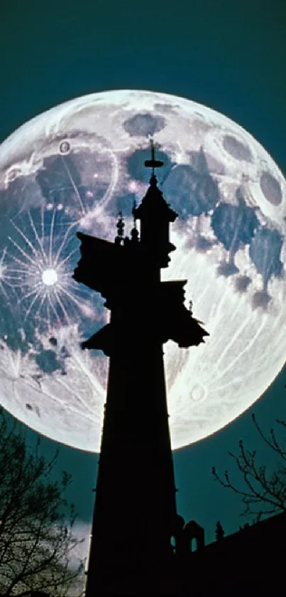 Silhouetted tower with large full moon in teal night sky.