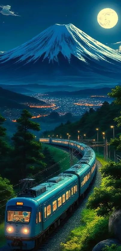 Train travels at night by a snow-capped mountain.