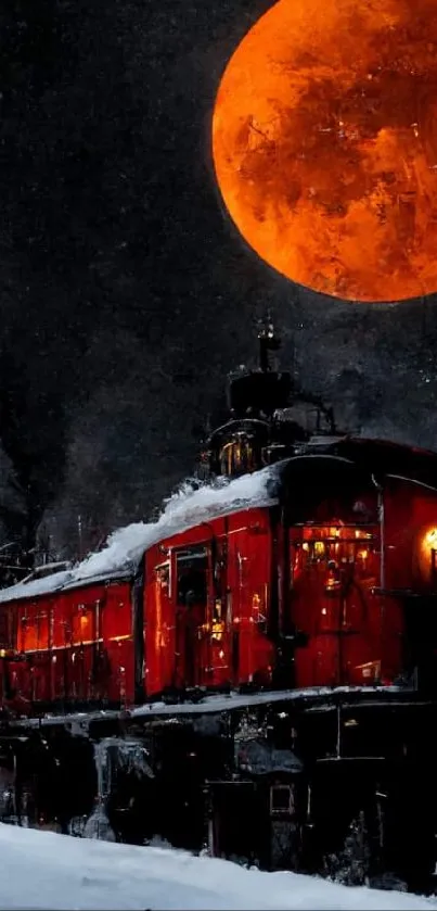 Orange moonlit night with a red train.