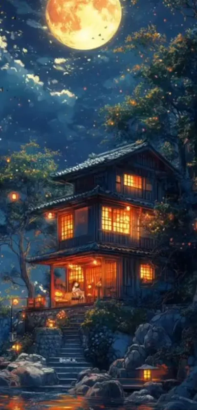 Moonlit house at night with glowing lights and serene scenery.