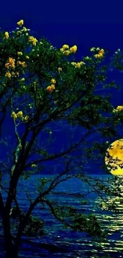 Tree silhouetted against moonlit lake with yellow flowers and reflections.