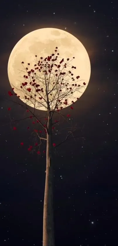 Moonlit tree under a starry night sky with a full moon.