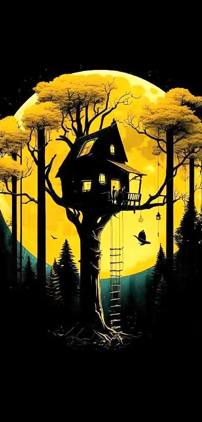 Moonlit treehouse with vibrant yellow moon and dark background, ideal for mobile.