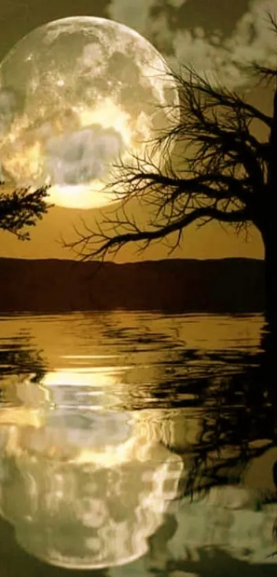 Full moon reflecting on water with silhouetted trees.