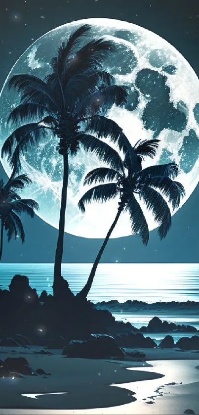 Moonlit tropical beach scene with palms.