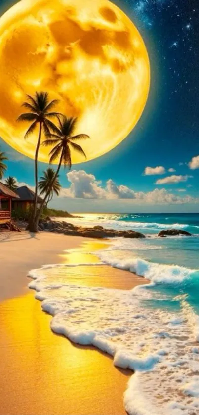 Moonlit tropical beach with palm trees and waves at night.