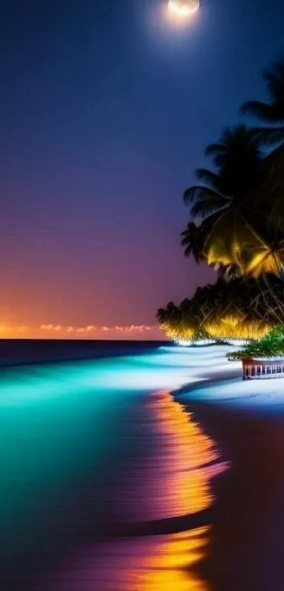 Moonlit tropical beach with palm trees and vibrant sea colors.