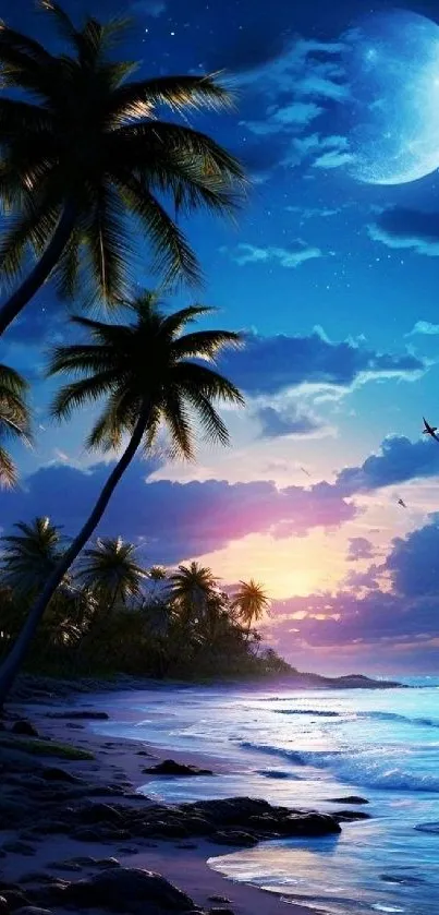 Moonlit beach with palm trees and tranquil ocean at night.