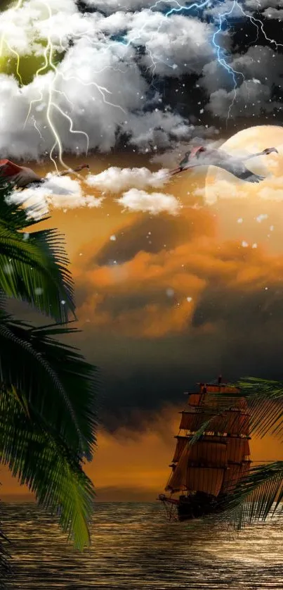 Moonlit beach scene with palm trees and sailboat.