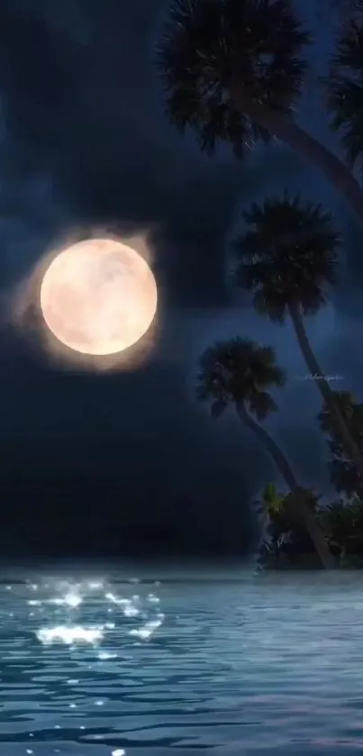 Moonlit tropical night with palm trees and water reflections.