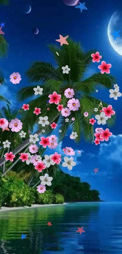 Tropical night scene with palm trees, flowers, and moonlight over the ocean.