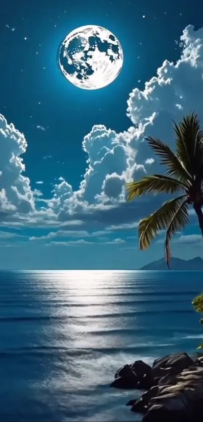 Tropical night with moonlit ocean and palm trees.