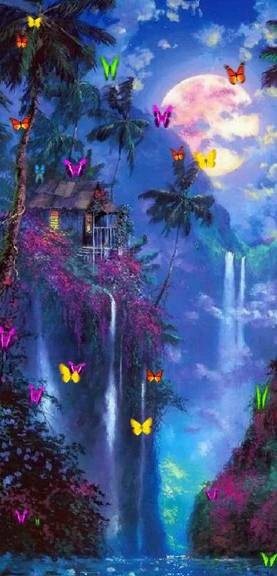 Tropical paradise wallpaper with a moonlit waterfall scene and vibrant colors.