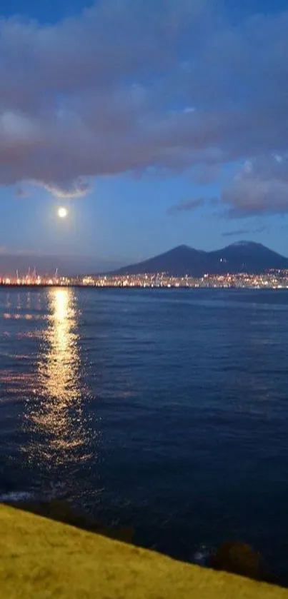 Moonlit city and bay with serene blue night sky.