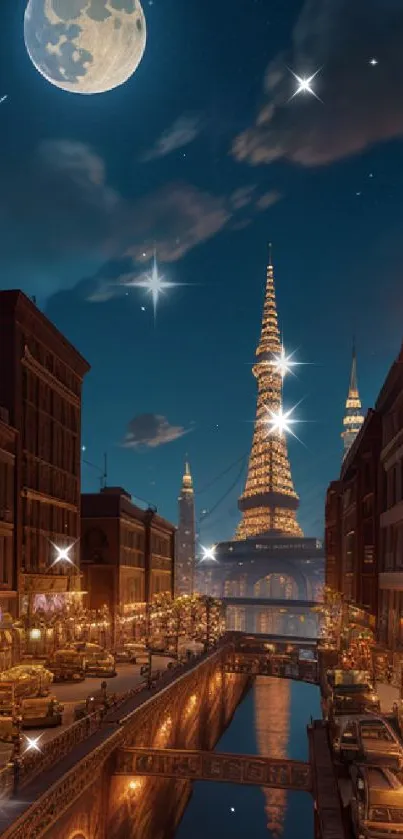 Moonlit cityscape with glowing tower and vibrant street lights.