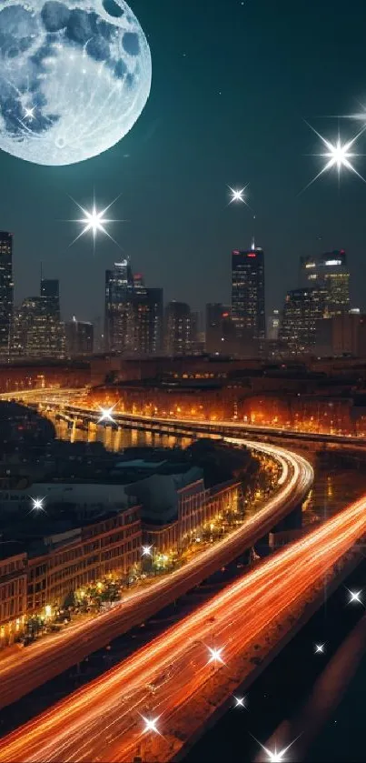 Urban skyline at night with a bright full moon and glowing city lights.