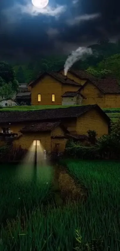 Moonlit rural village with dark green landscape.