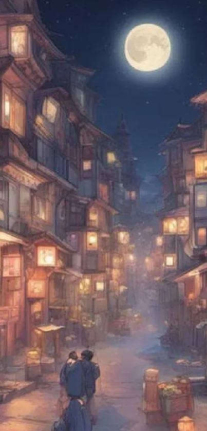 Moonlit village street with glowing lanterns and a serene ambiance.