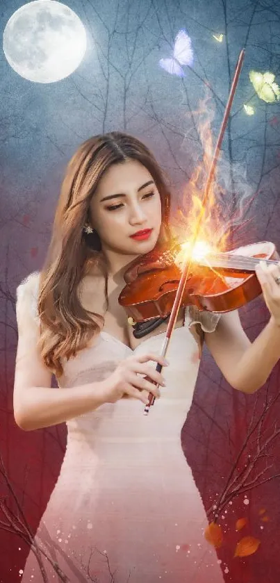 Woman playing violin under a full moon, surrounded by glowing butterflies.